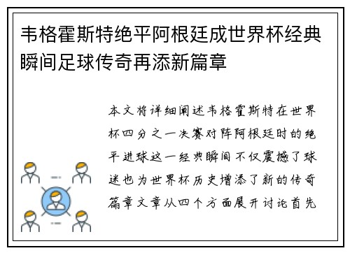 韦格霍斯特绝平阿根廷成世界杯经典瞬间足球传奇再添新篇章
